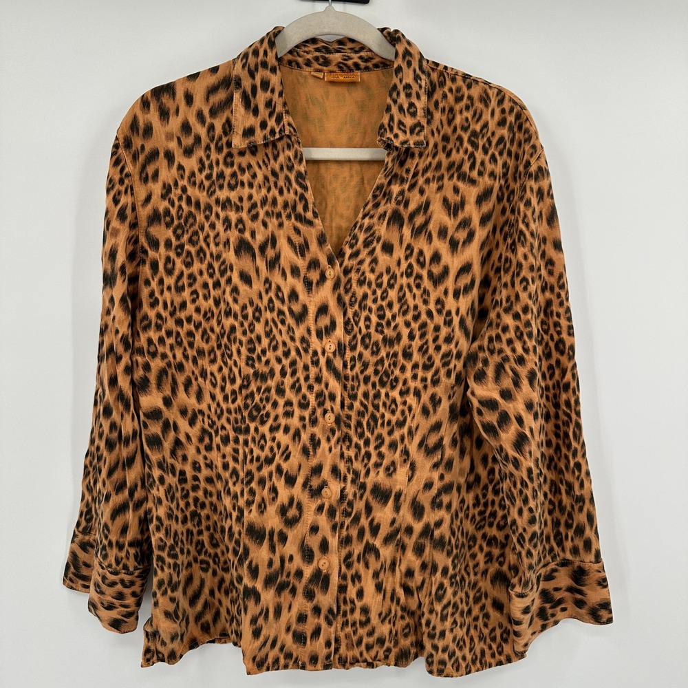Tianello Soul of Africa‎ Leopard Print Button Down Blouse Size L